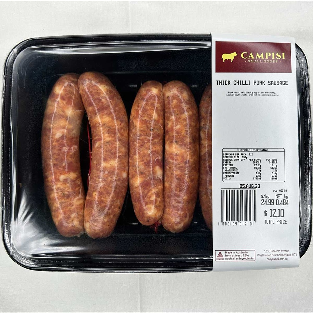 Campisi- Retail Sausages Chilli Thick r/w 500gm