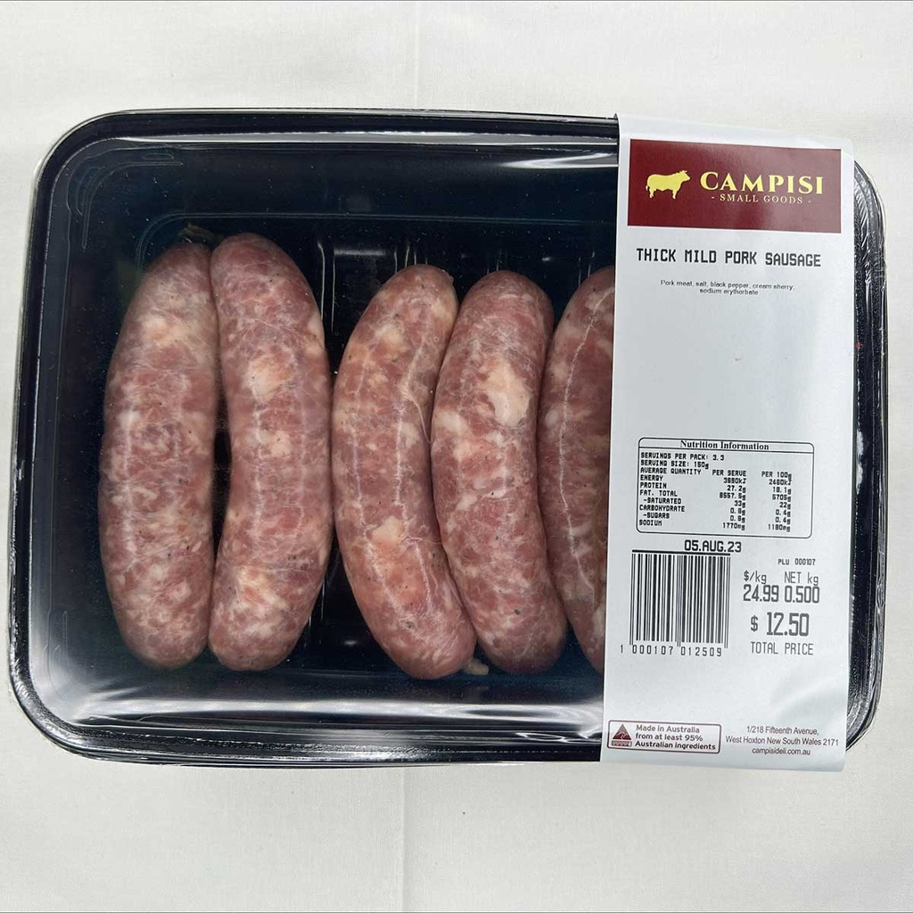 Campisi- Retail Sausages Pork Thick r/w 500gm