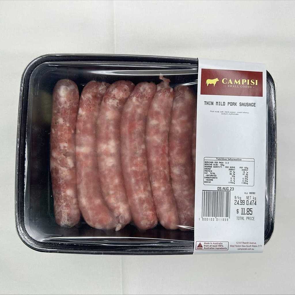 Campisi- Retail Sausages Pork Thin r/w 500gm