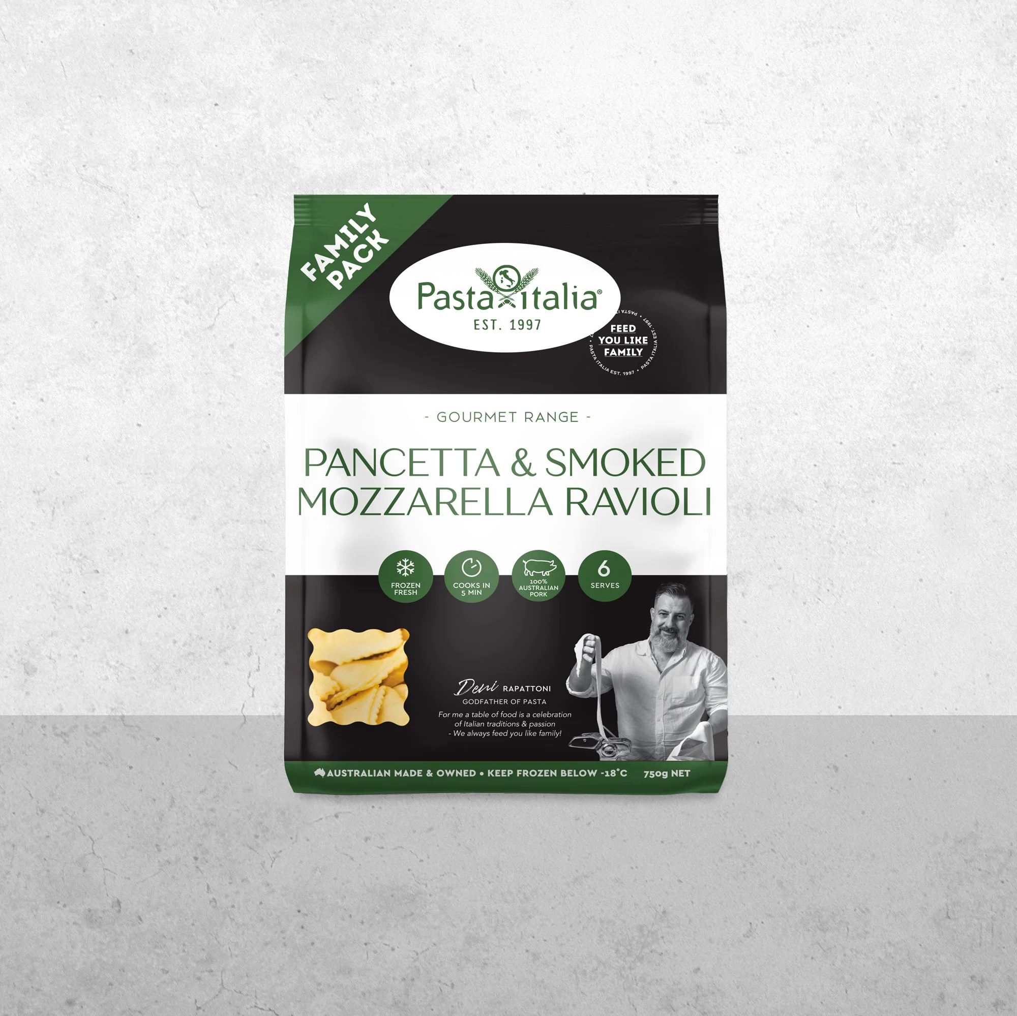 Pasta Italia- Froz Gourmet Ravioli Pan & Smk Moz10 x750gm