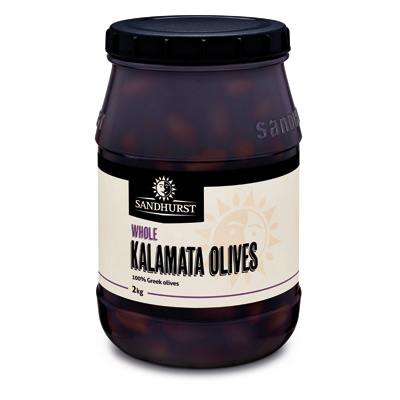 SANDHURST KALAMATA OLIVES WHOLE (glass) 2kg (KAL2) [U]