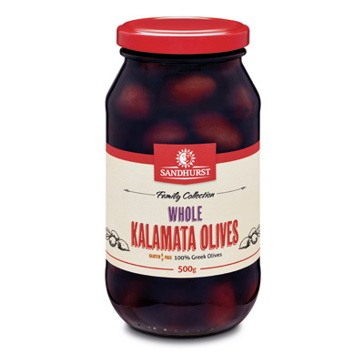 SANDHURST WHOLE KALAMATA OLIVES 6 x500g (KAL500) [B]