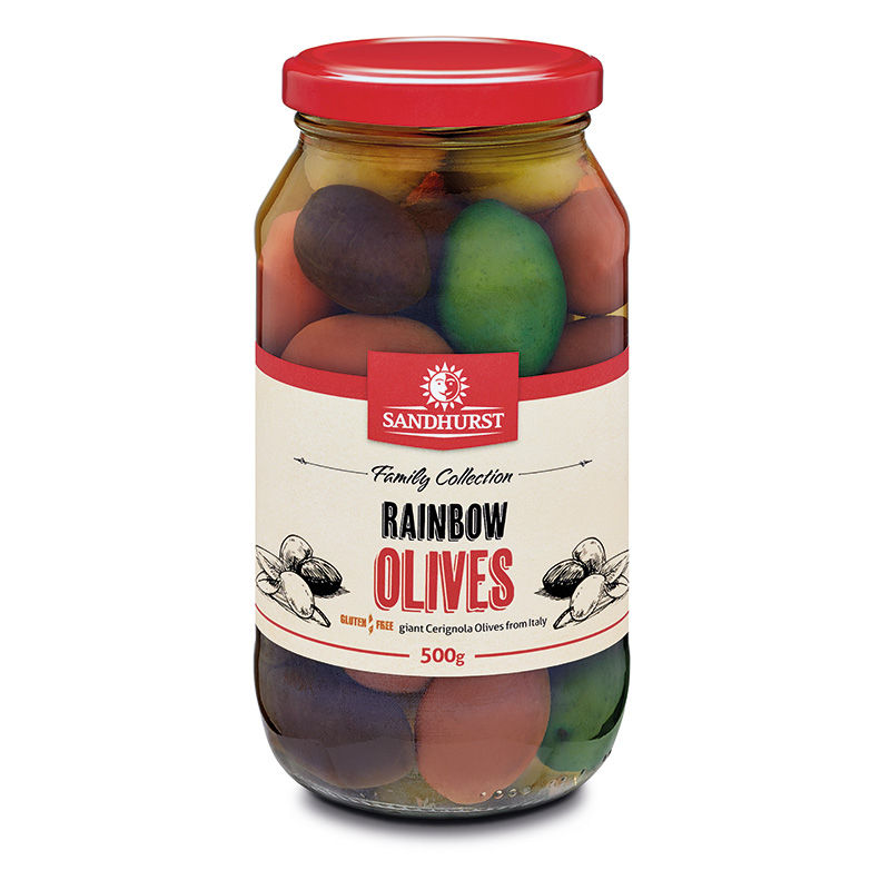 SANDHURST WHOLE RAINBOW OLIVES 6 x 500g (RAIN500) [B]