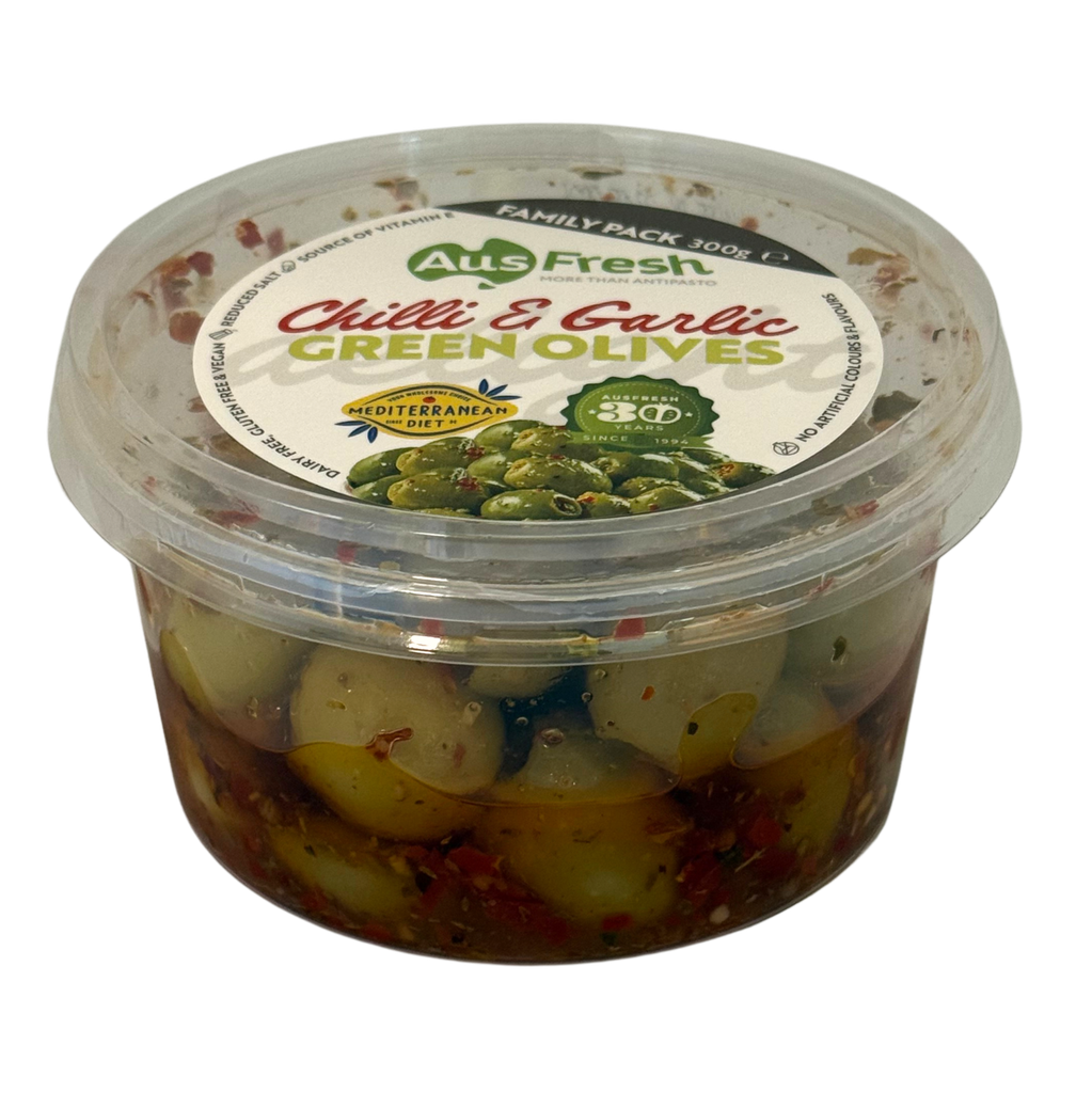 Ausfresh Green Olives Chilli & Garlic 6x300gm