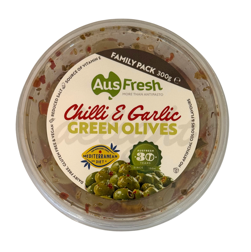 Ausfresh- Green Olives Chilli & Garlic 6 x 300g
