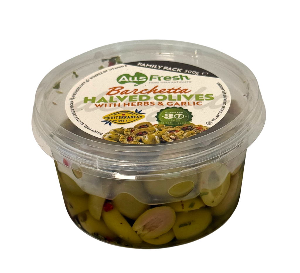 Ausfresh Barchetta Split Green Olives (890174) 6x300gm 