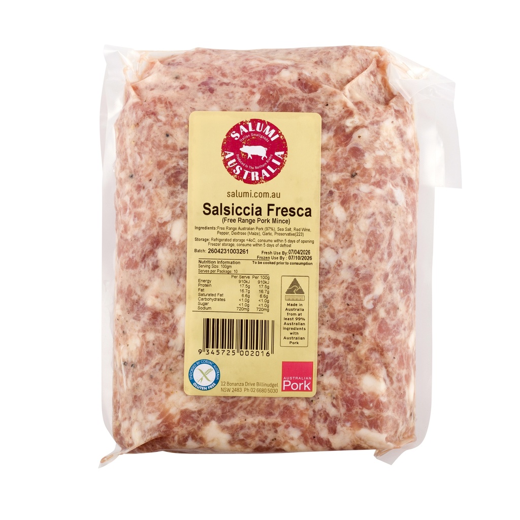 Salumi- Salsiccia Fresca - Free Range Pork Sausage Mince 1kg pack
