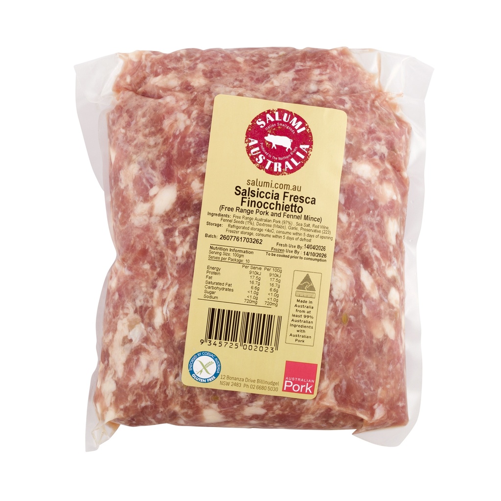 Salumi- Salsiccia Fresca Finocchietto - Free Range Pork & Fennel Mince 1kg pack