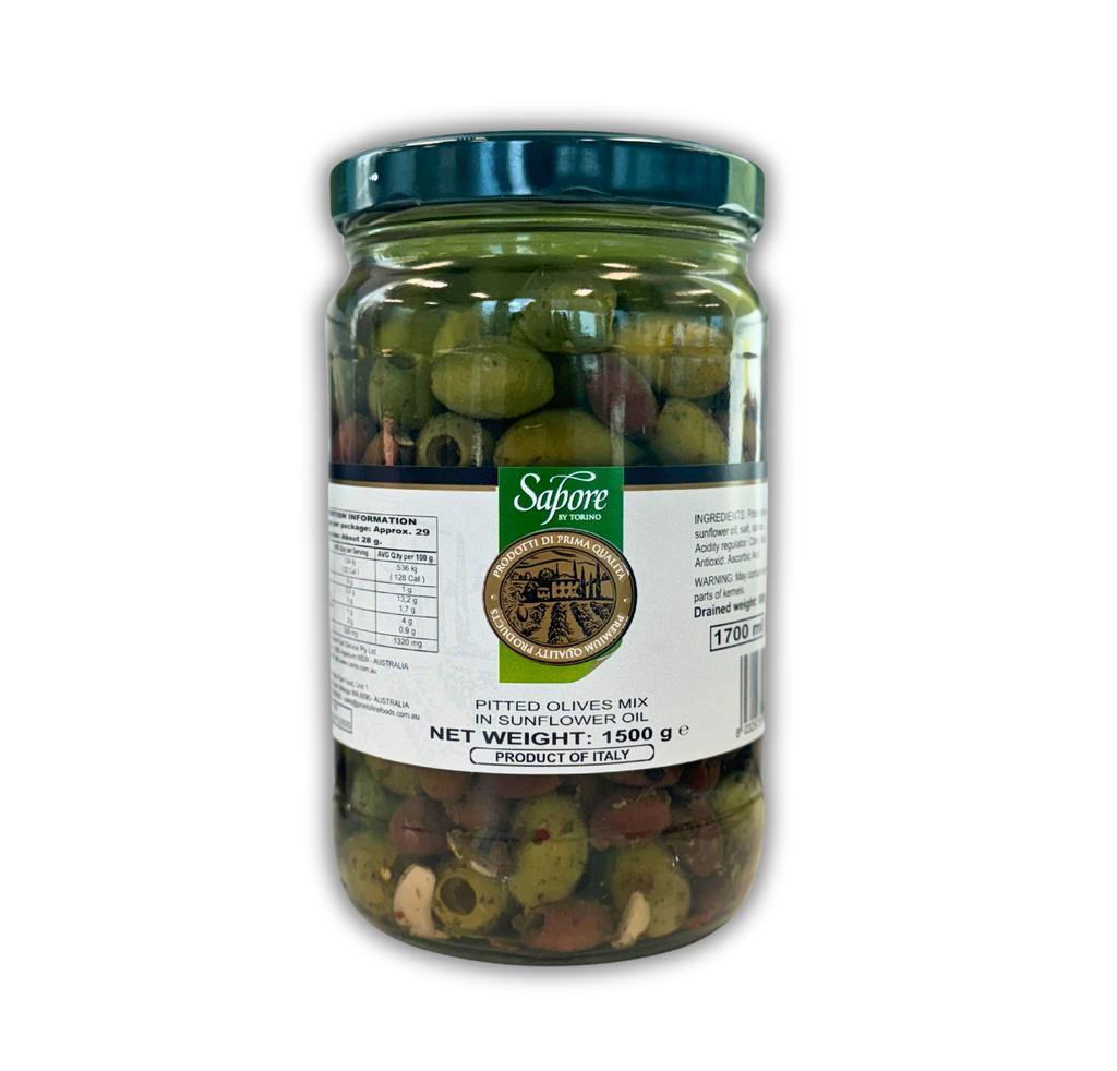 Sapore- Mixed Italian Pitted Olives 1500g Jar Net Weight