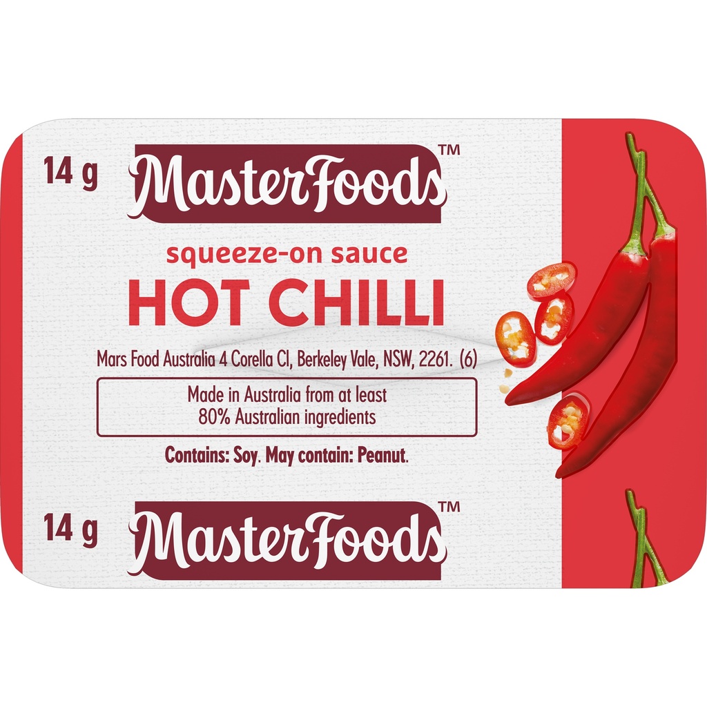 Masterfoods Portion Control Squeeze On Hot Chilli Sauce 100x14gm