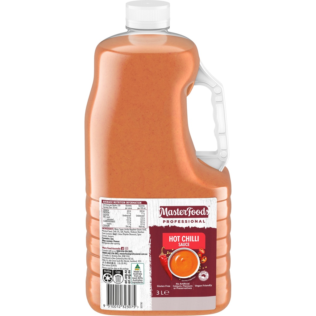 Masterfoods- Professional Gluten Free Hot Chilli Sauce 3L
