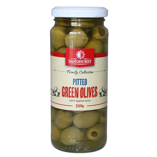 [SANOLIGREPIT350] sandhurst PITTED GREEN OLIVES 6x350g [B]