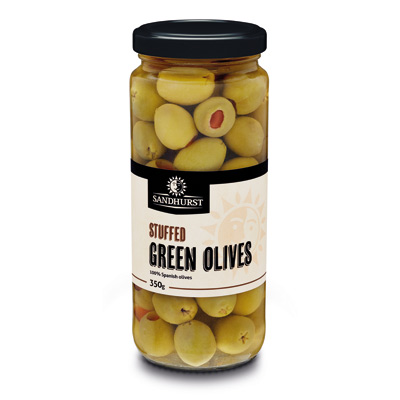 [SANOLIGRESTU350] SANDHURST STUFFED GREEN OLIVES 6 x 350g [B]