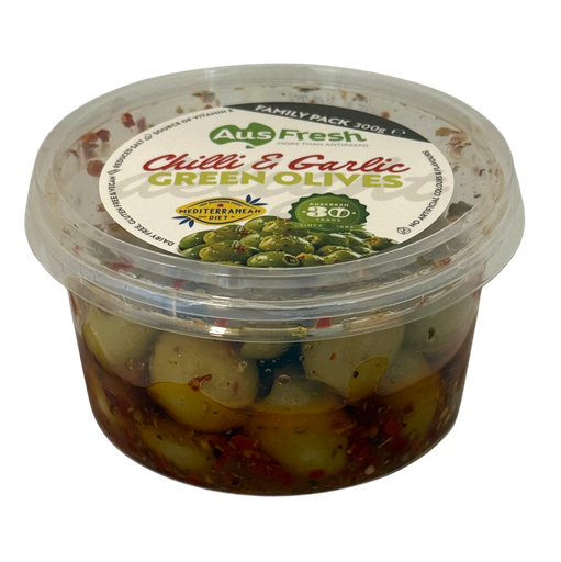 [AUSGREOLICHI300-B] Ausfresh Green Olives Chilli & Garlic 6x300gm