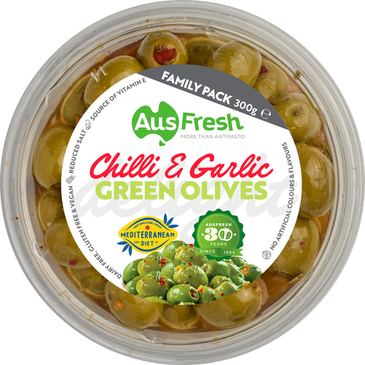 [AUSGREOLICHI300-B] Ausfresh- Green Olives Chilli & Garlic 6 x 300g