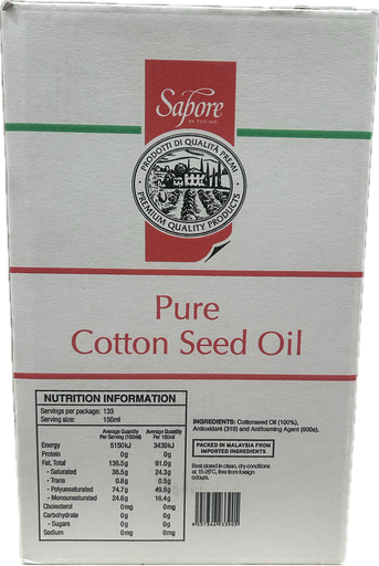 [SAPCOTOIL20-U] Sapore- Pure Cottonseed Oil 20Lt (No Bung)