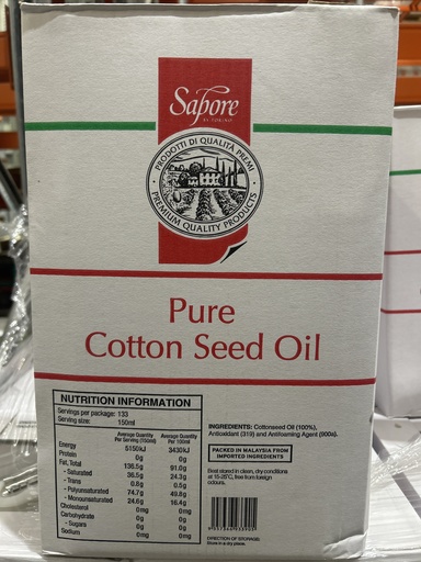 [SAPCOTOIL20-U] Sapore- Pure Cottonseed Oil 20Lt (No Bung)