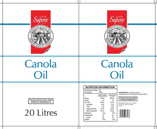[SAPOIL/CANOLA-U] Sapore- Canola Oil 20Lt (With Bung)